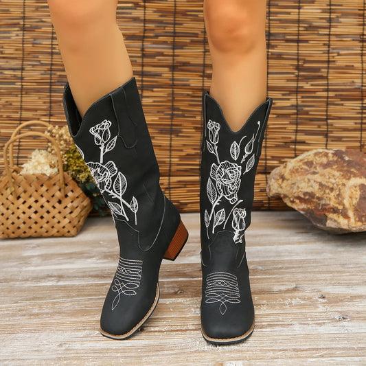 Flower Embroider Mid Calf Cowboy Boots Women Autumn Winter Chunky Heels Western Boots Square Toe Denim Long Boots Fashion Shoes