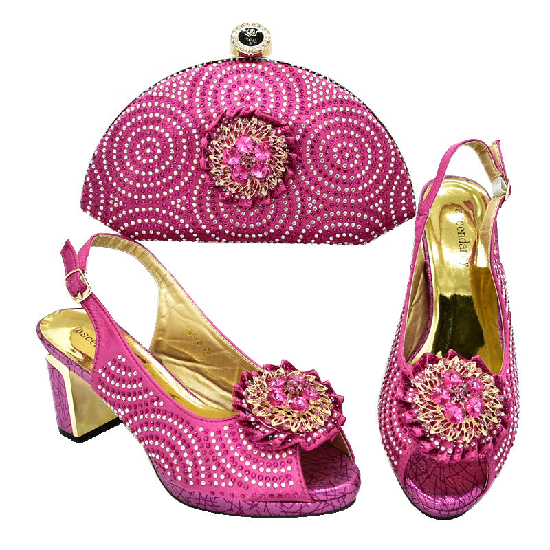 Block Heel Buckle Sandals With Rhinestone Bag