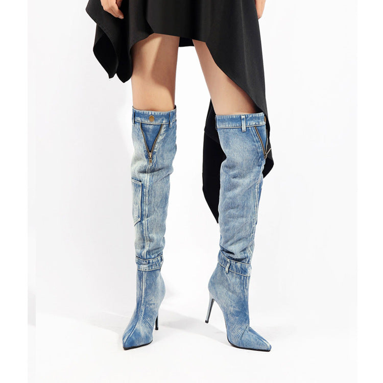 New Denim Over The Knee Elegant Slim Heel High Heel Riding Boots