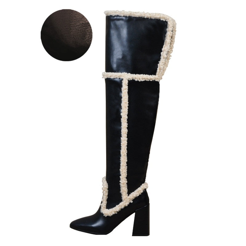 Lamb Hair Square Head Leather Thick Heel High Boot