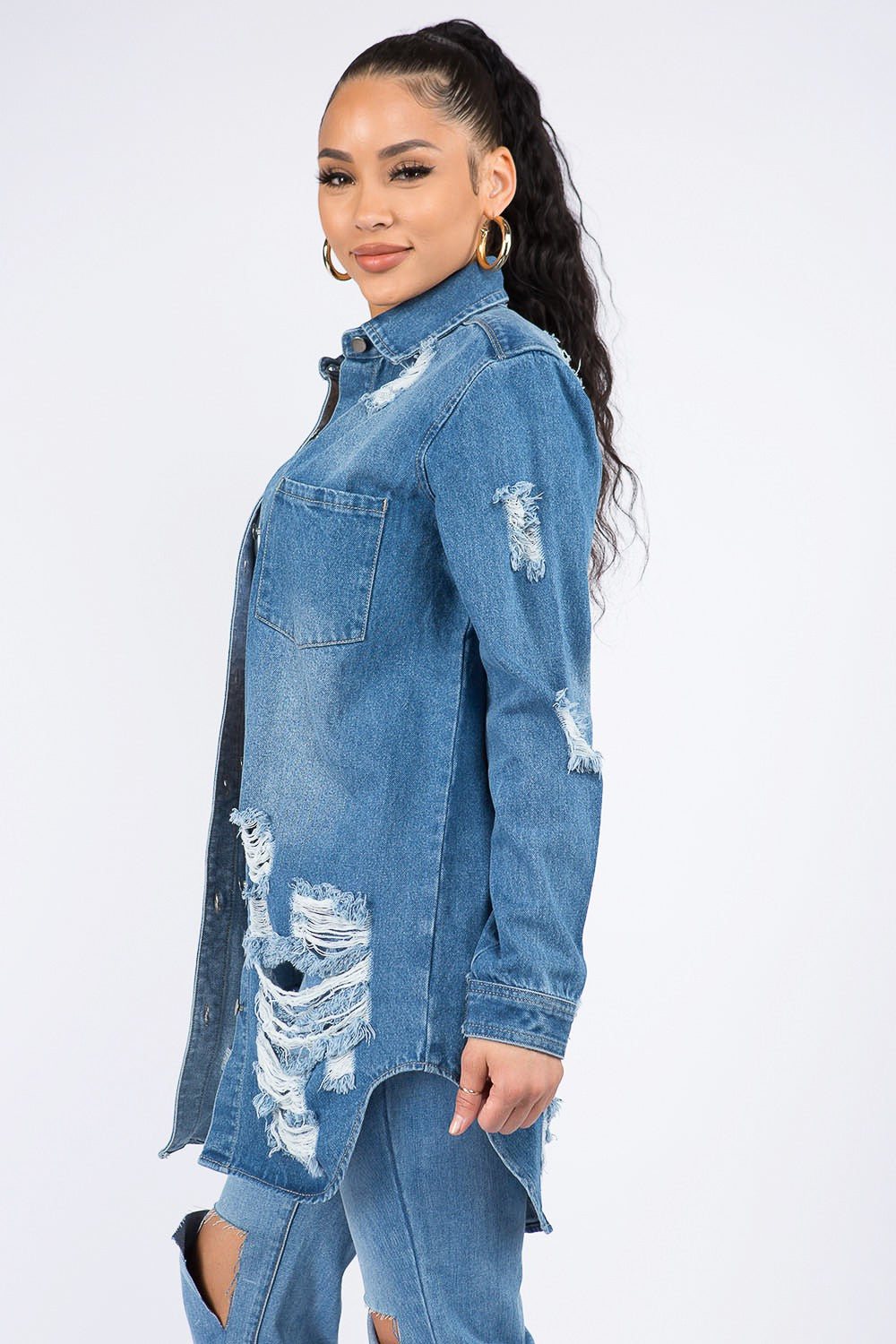 American Bazi - Veste chemise en jean boutonnée en détresse