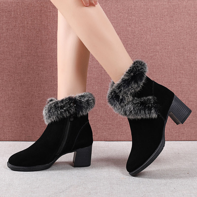 Botas de nieve de piel de conejo zapatos de algodón para mujer tacón medio más terciopelo grueso cálido