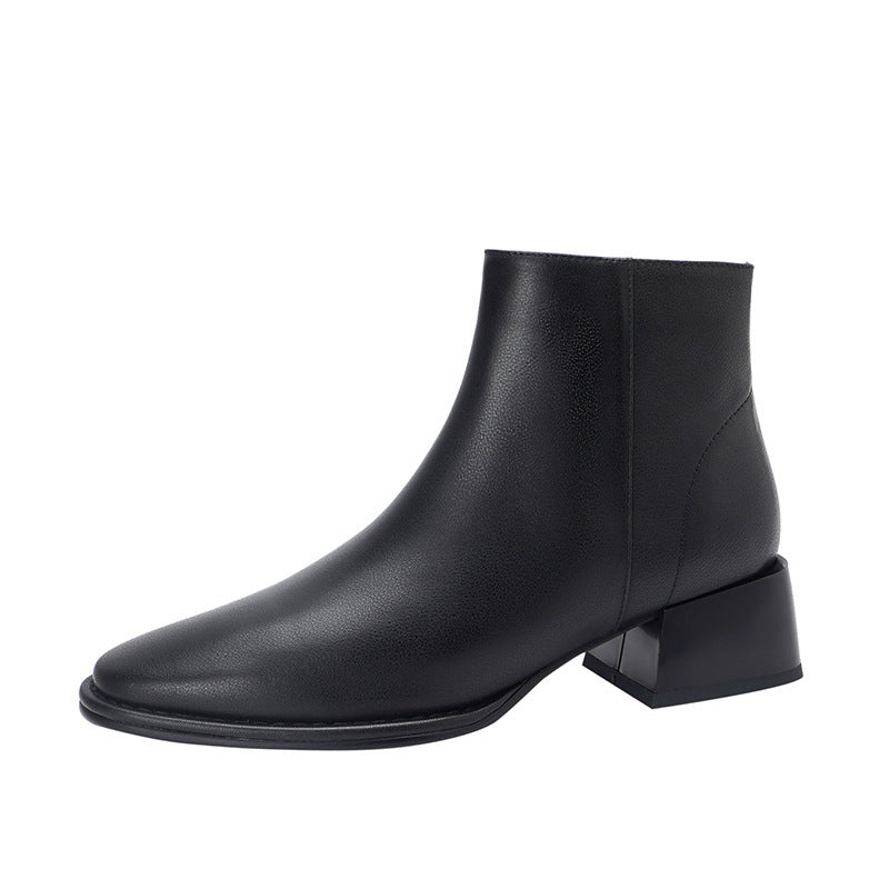 Botas sencillas de piel vacuno suave que combinan con todo, botines de mujer marrones con punta redonda y tacón medio grueso, otoño e invierno