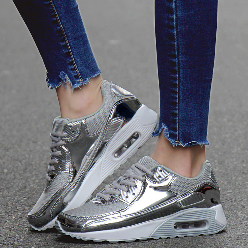 Zapatos planos deportivos transpirables para mujer, zapatos dorados sin cordones con amortiguación de aire