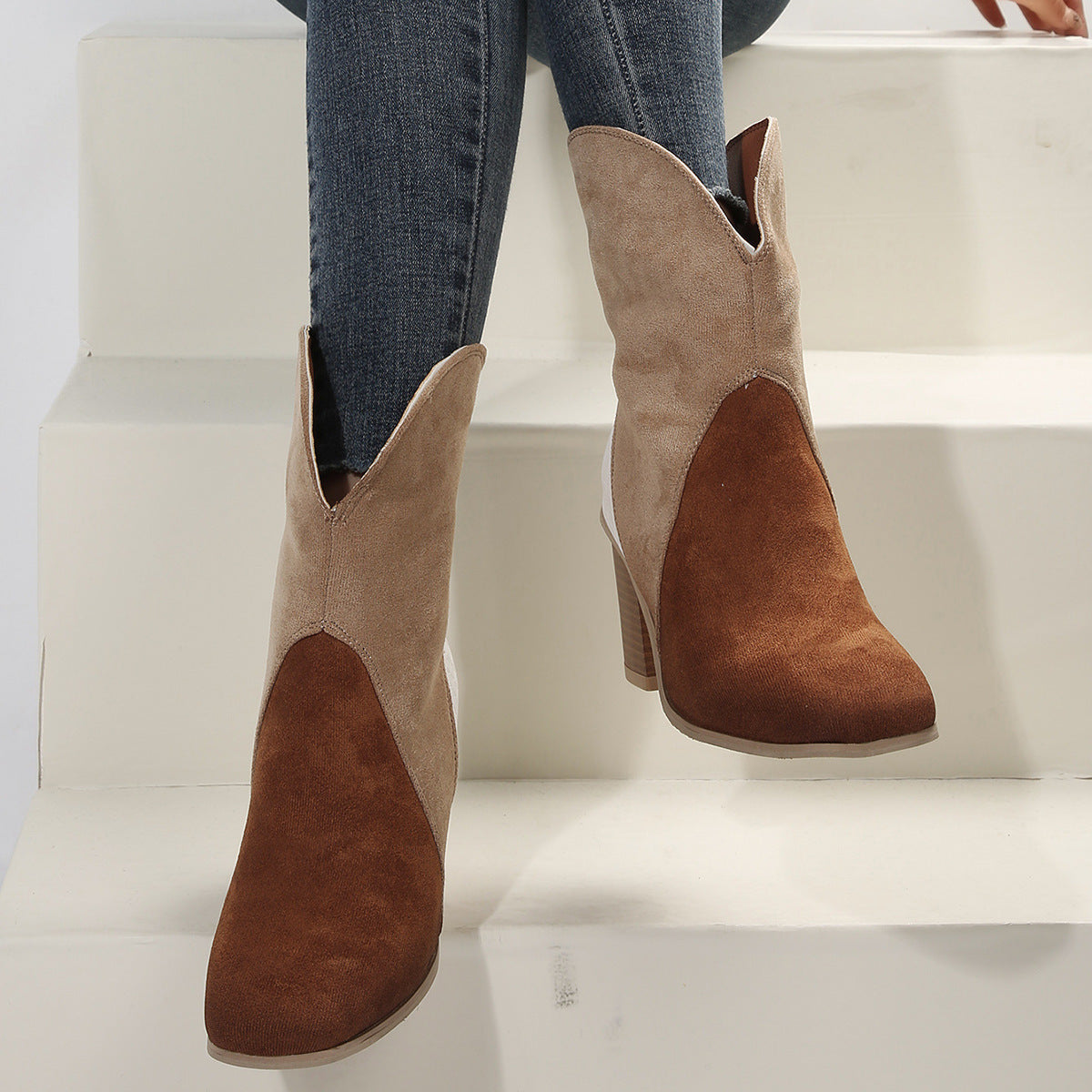 Botas de gamuza con empalme de moda, botas retro de punta puntiaguda y tacón cuadrado hasta la mitad de la pantorrilla para mujer, zapatos de otoño e invierno