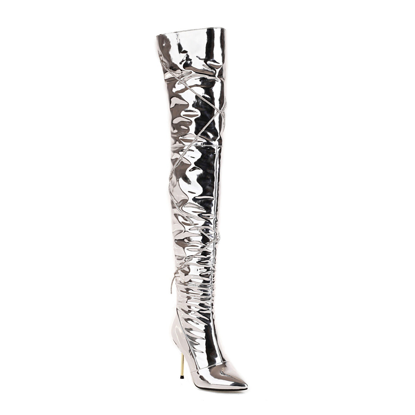 Pointed Toe Super Heel Over Knee Zip Lace Up Boots