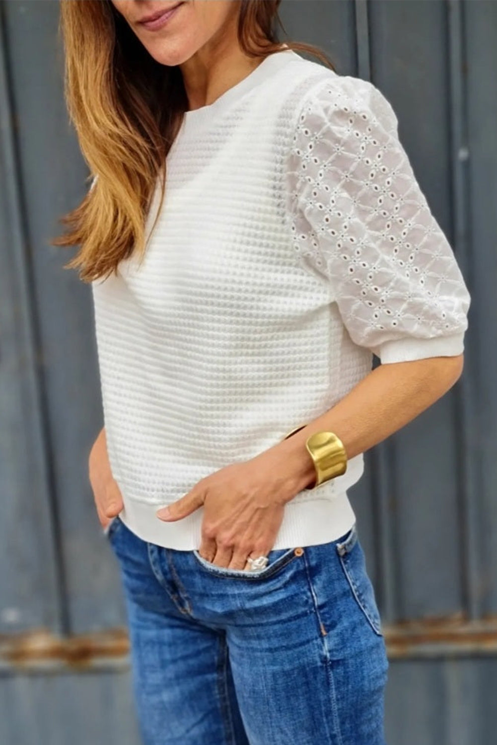 Eyelet Round Neck Half Sleeve Blouse