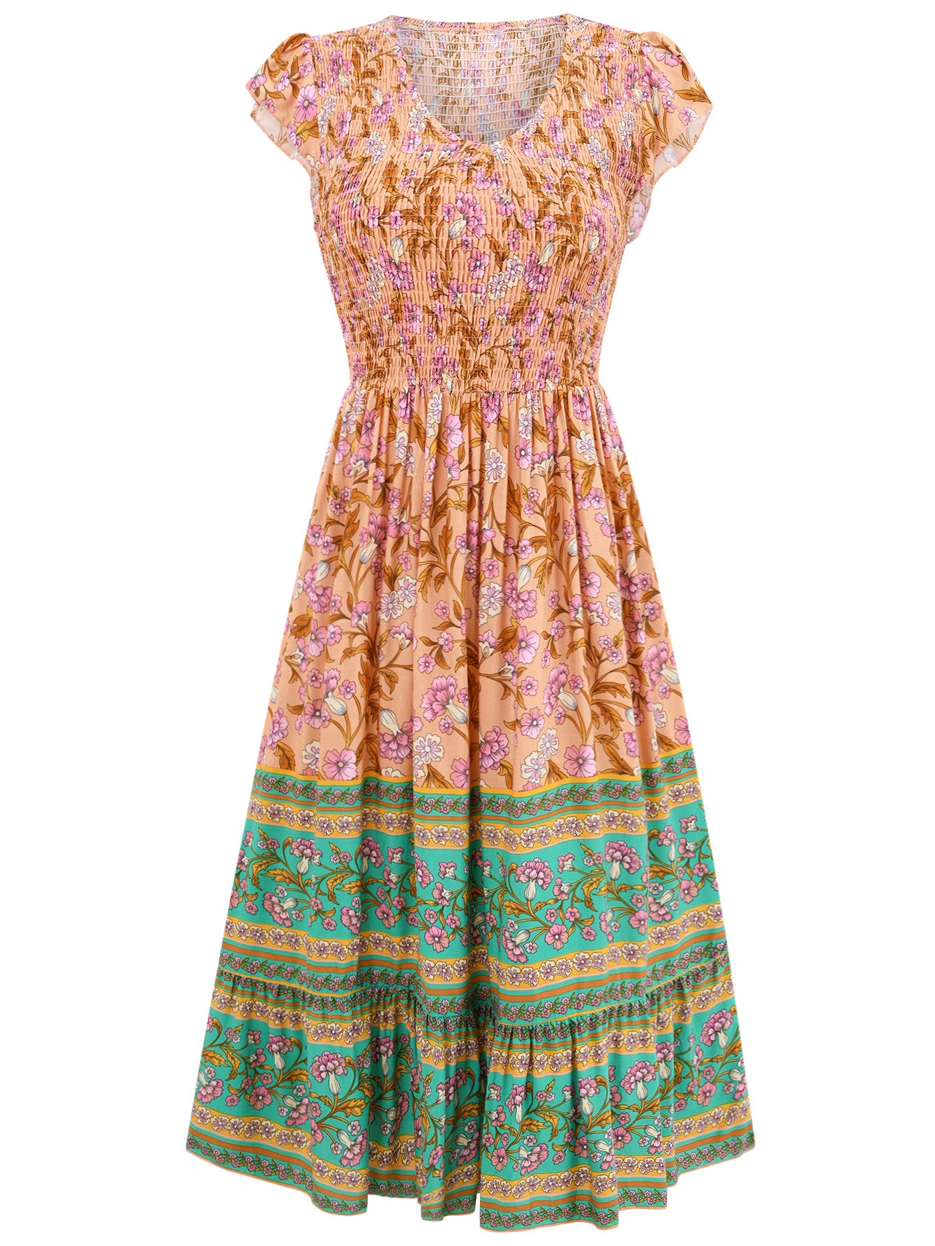 Vestido con cuello en V y estampado de nuevas flores, vestidos informales sin mangas con volantes, vestido bohemio de playa para vacaciones, ropa para mujer