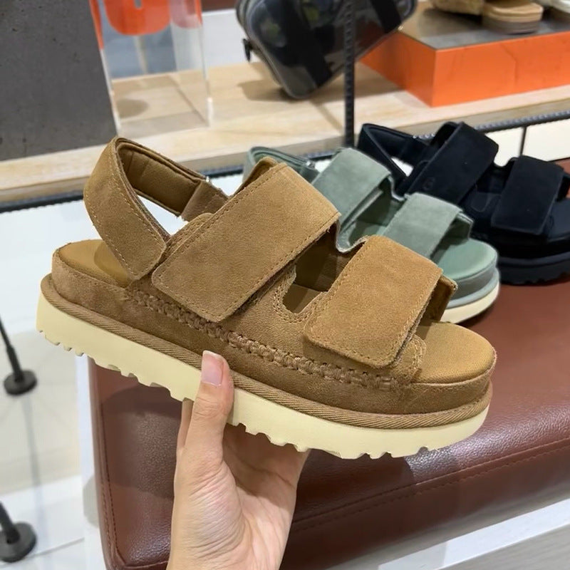 Sandales Velcro en cuir véritable pour femmes, nouvelle collection printemps et été, sangle inférieure épaisse, bout ouvert, augmentant la hauteur