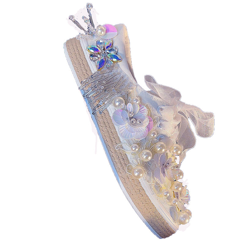 Women's Spring Pearl Tassel Flat Casual Rhinestone Canvas Shoes