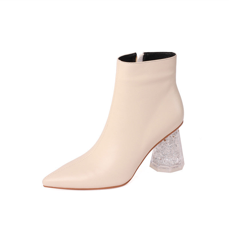 Botas cortas con punta puntiaguda para mujer, botas retro de tacón grueso de cristal, botas individuales