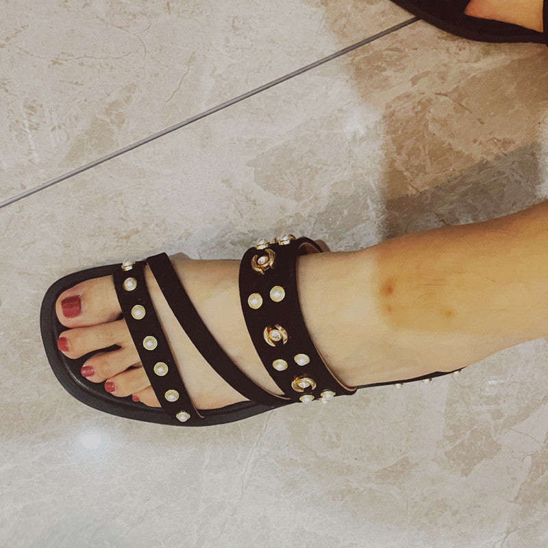 Sandalias de mujer estilo festivo romano naranja plano negro