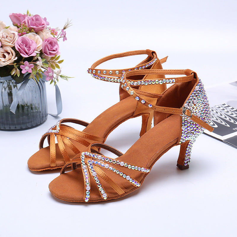 Zapatos de baile latino Rhinestone Perla Satén Mujer