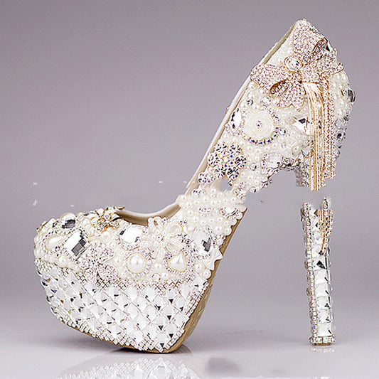 Chaussures de mariage en cristal de luxe imperméables à talons hauts et perles légères