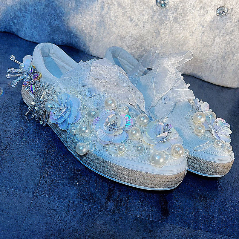 Women's Spring Pearl Tassel Flat Casual Rhinestone Canvas Shoes