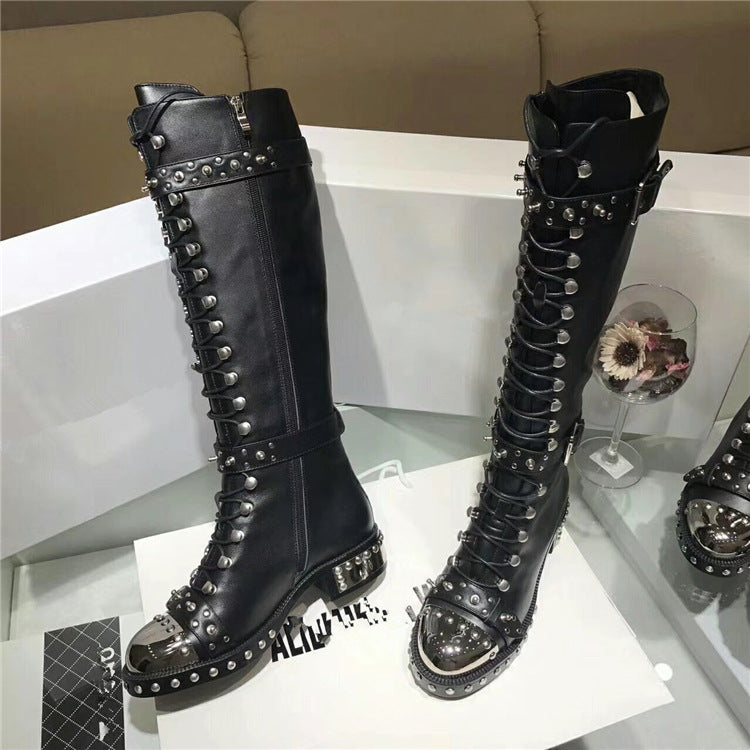 Botas casuales con punta de hierro y remaches Botas de mujer con estampado de cordones