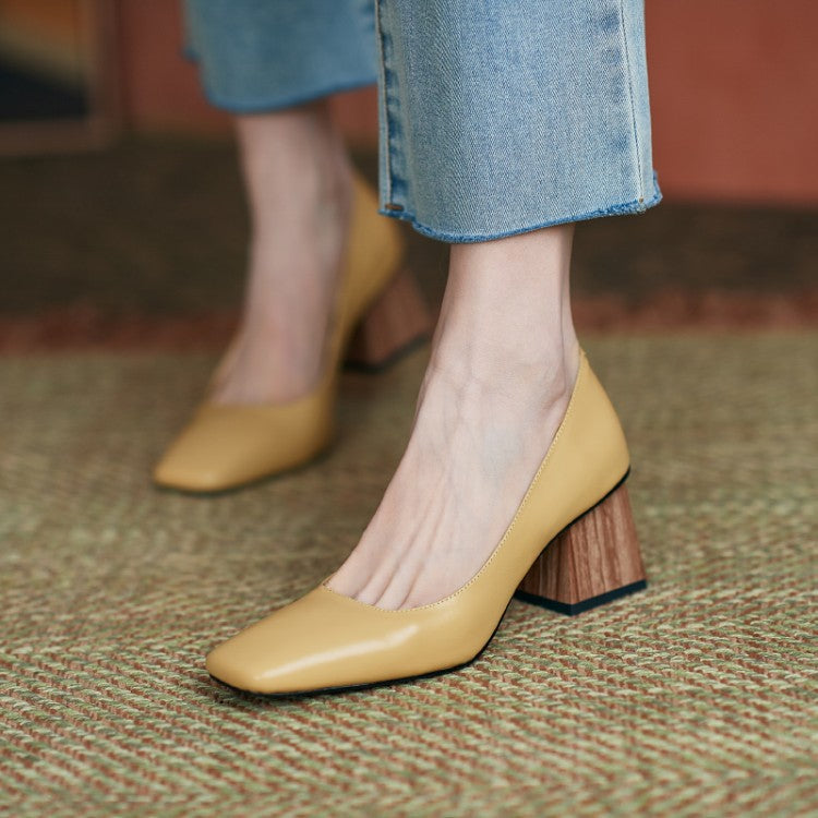 High-heeled Shoes With Square Toe In Thick Cowhide Heel