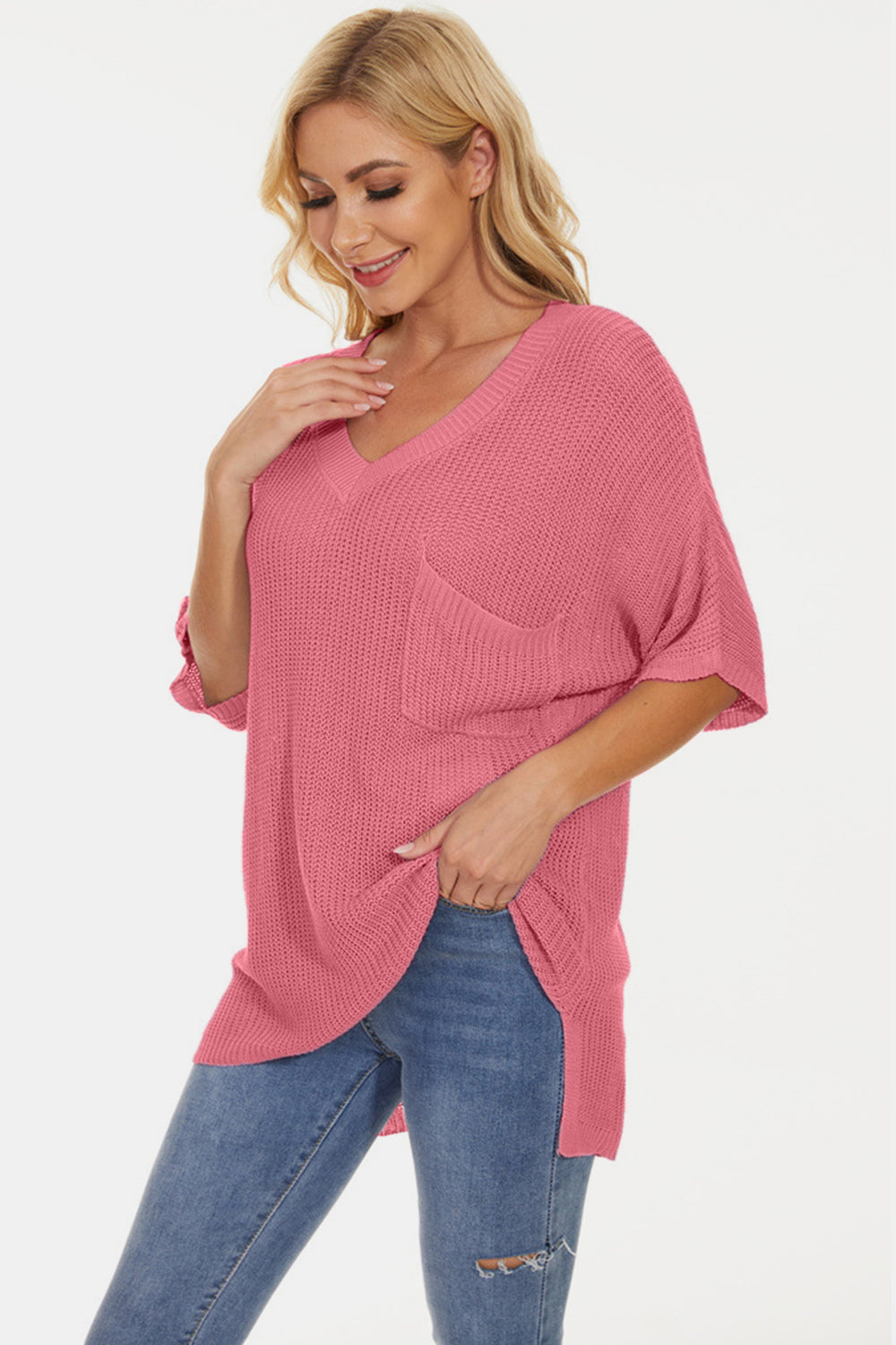 Pocketed V-Neck Half Sleeve Knit Top