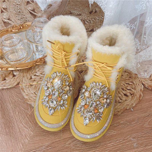 Women's Short Tube Thickened Wool And Diamond-studded Cotton Boots