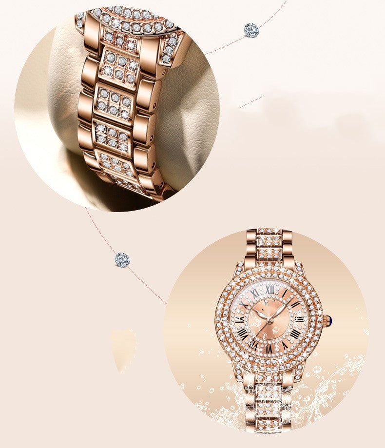 Exquisito y elegante reloj de cuarzo brillante con diamantes.