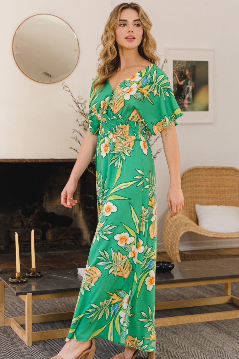 ODDI Robe longue florale smockée nouée au dos pleine taille