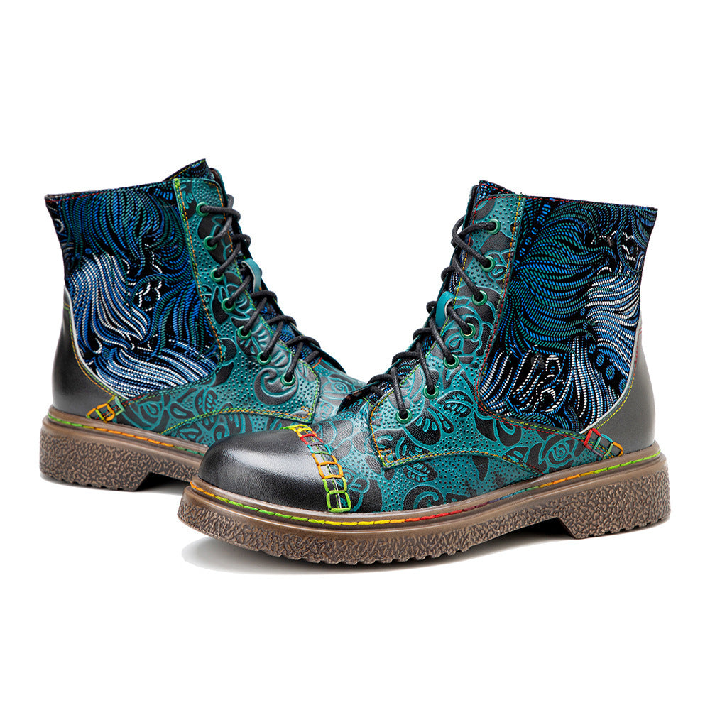 New Leather Hand Painted Printed Comfortable Flat Boots