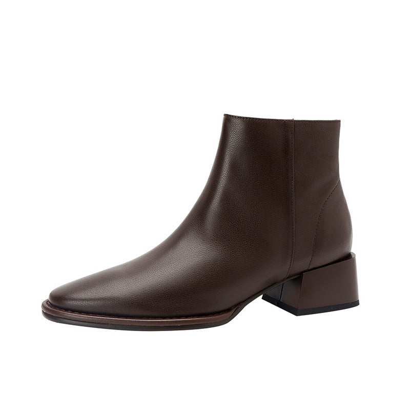 Botas sencillas de piel vacuno suave que combinan con todo, botines de mujer marrones con punta redonda y tacón medio grueso, otoño e invierno