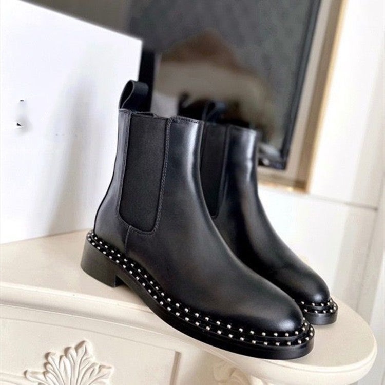 Bottes plates courtes en cuir clouté de style britannique pour femmes