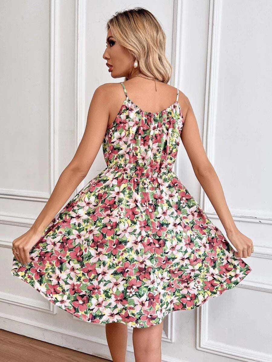 Robe à bretelles imprimé Floral avec taille élastique, Design à la mode, robes courtes d'été, vêtements pour femmes