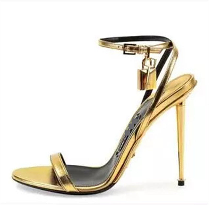 Women's Solid Color Mirrored Padlock One-line Buckle High-heeled Sandals