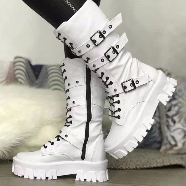 Botas de caña media estilo punk con hebilla, cordones y cremallera lateral para mujer