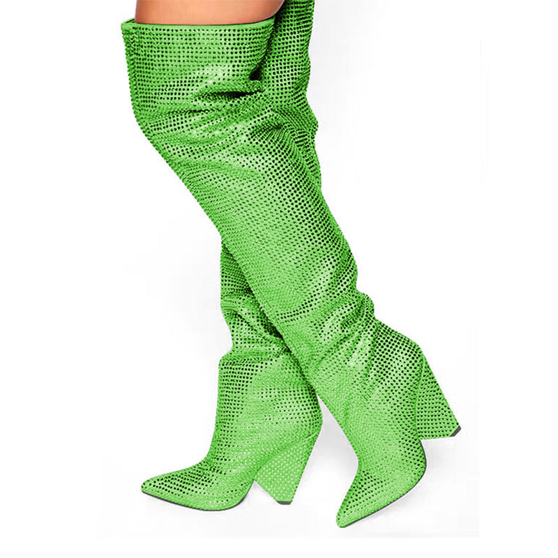 Pointed Tapered Heel Wedge Starry Rhinestone Plus Size Below The Knee Boots