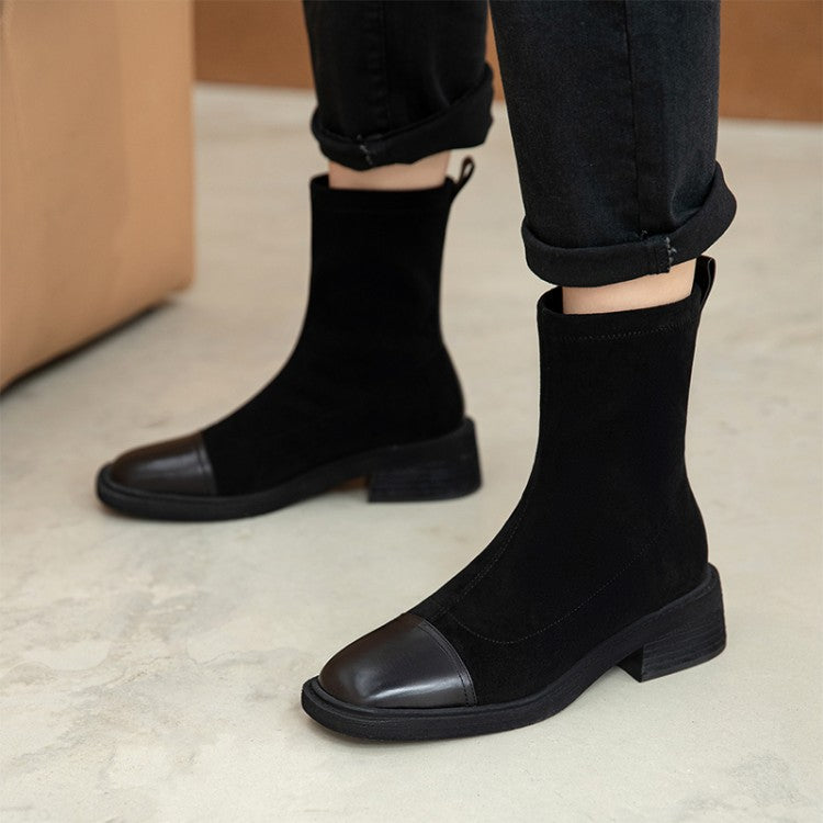 Mid Tube Round Toe Nubuck Leather Square Fashion Boots