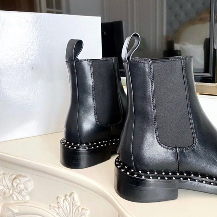 Bottes plates courtes en cuir clouté de style britannique pour femmes