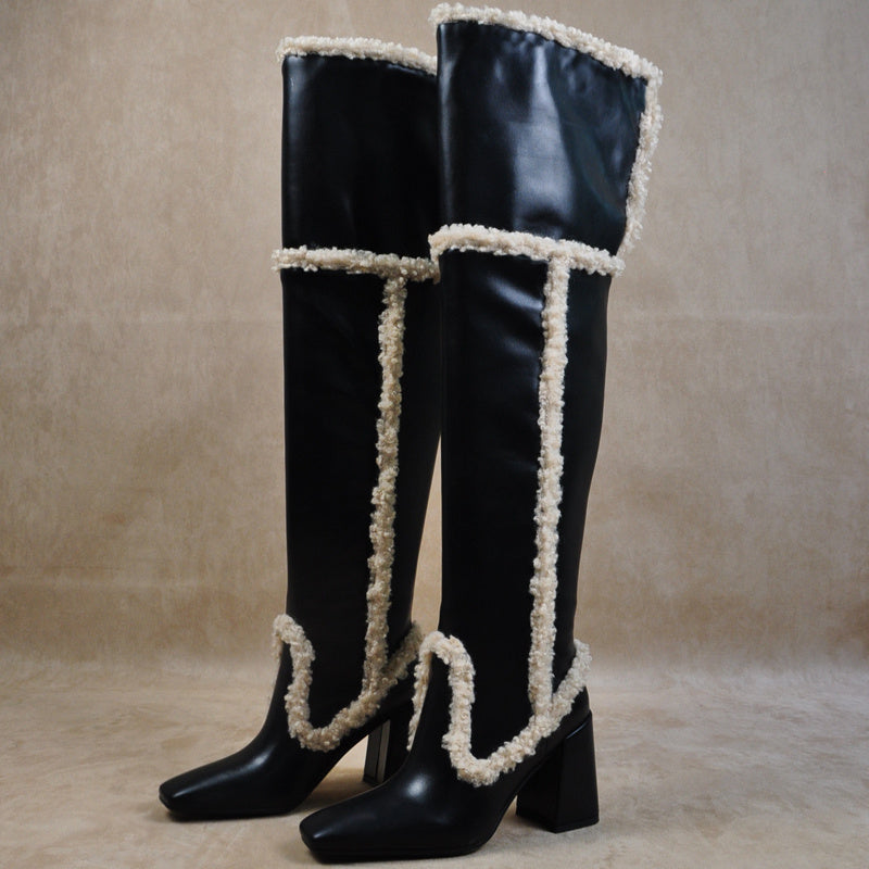 Lamb Hair Square Head Leather Thick Heel High Boot