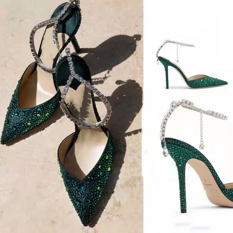 Sandales à talons hauts et à talons aiguilles avec chaîne en strass et bout creux, grande taille