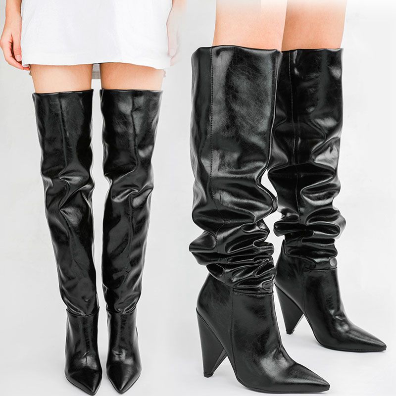 Pointed-toe Folds Profiled Heel Over The Knee Boots Women's One-step Sleeves Are Thinner