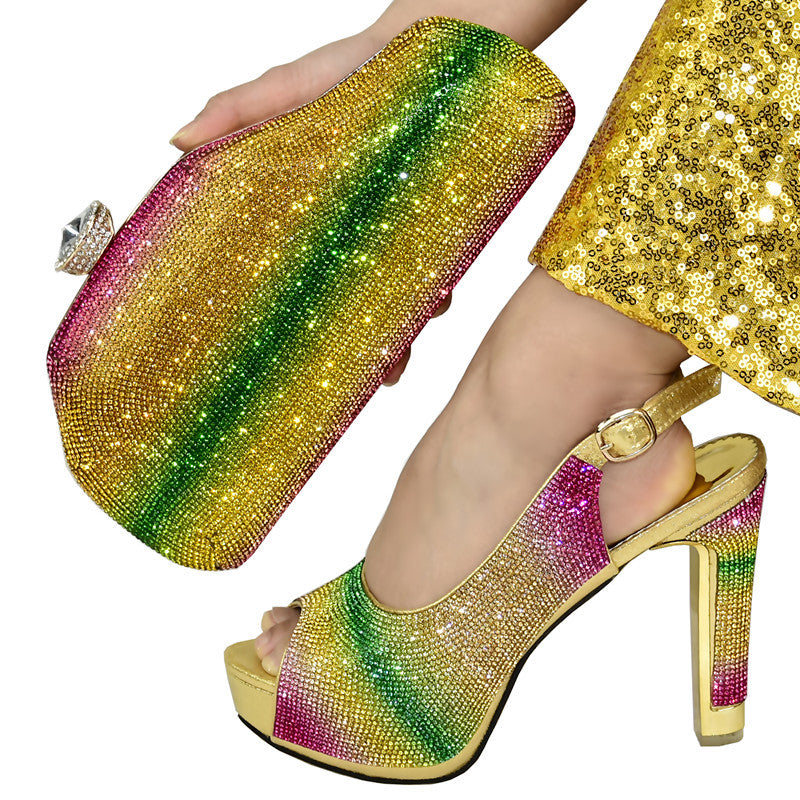 Colorful And Color Matching Fish Mouth High Heels With Bag Fashion Lady