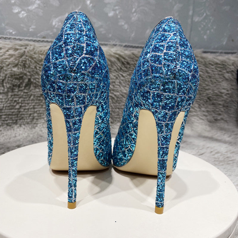 Chaussures de mariage à talons hauts et paillettes bleues au quotidien