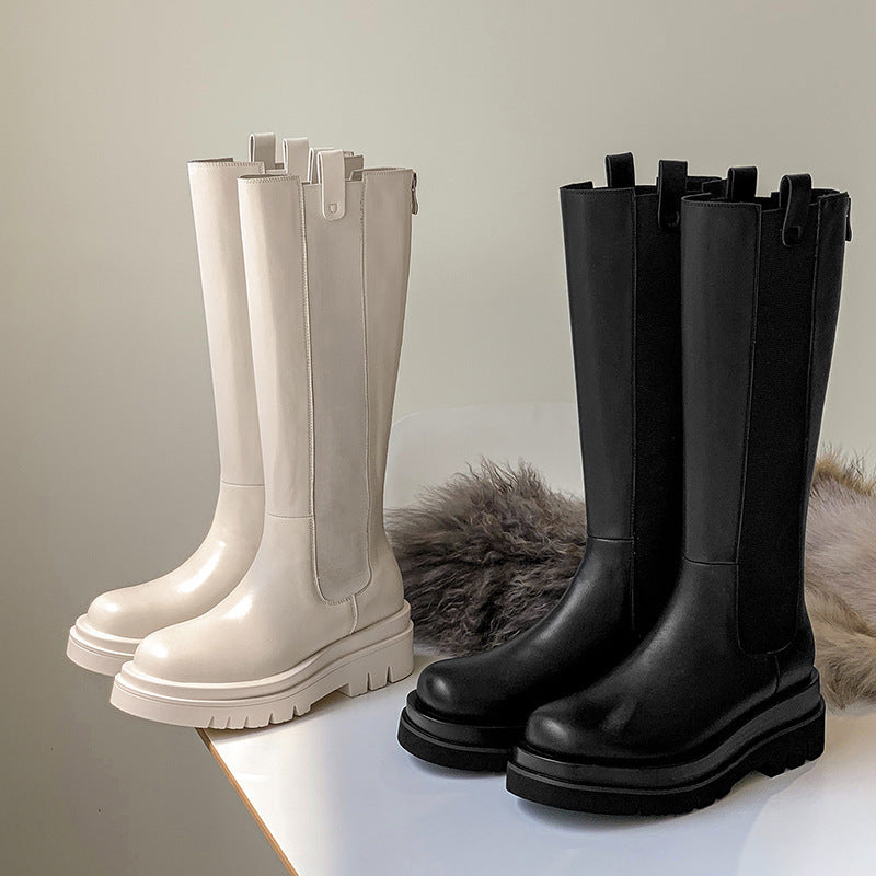 Chimney Boots Thick-soled High Boots White Full Leather Thick Heel Stretch Stovepipe Boots Women