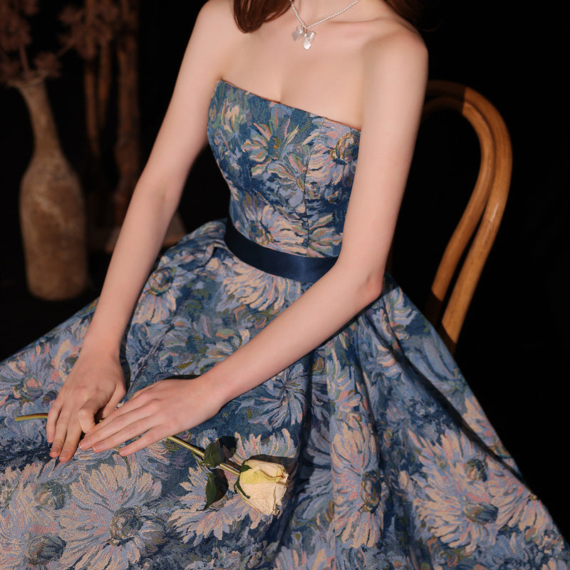 Light Luxury Minority Princess Court Oil Painting Style Tube Top Blue Evening Dress