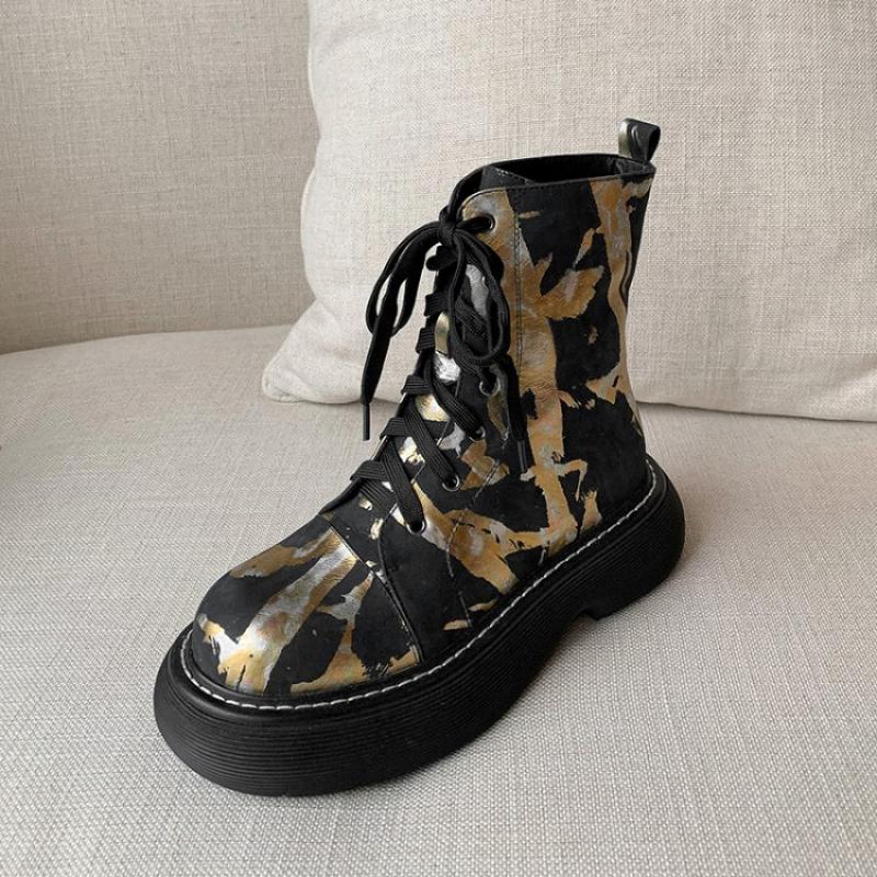 Genuine Leather Printed Sponge Cake Platform Martin Boots New Niche