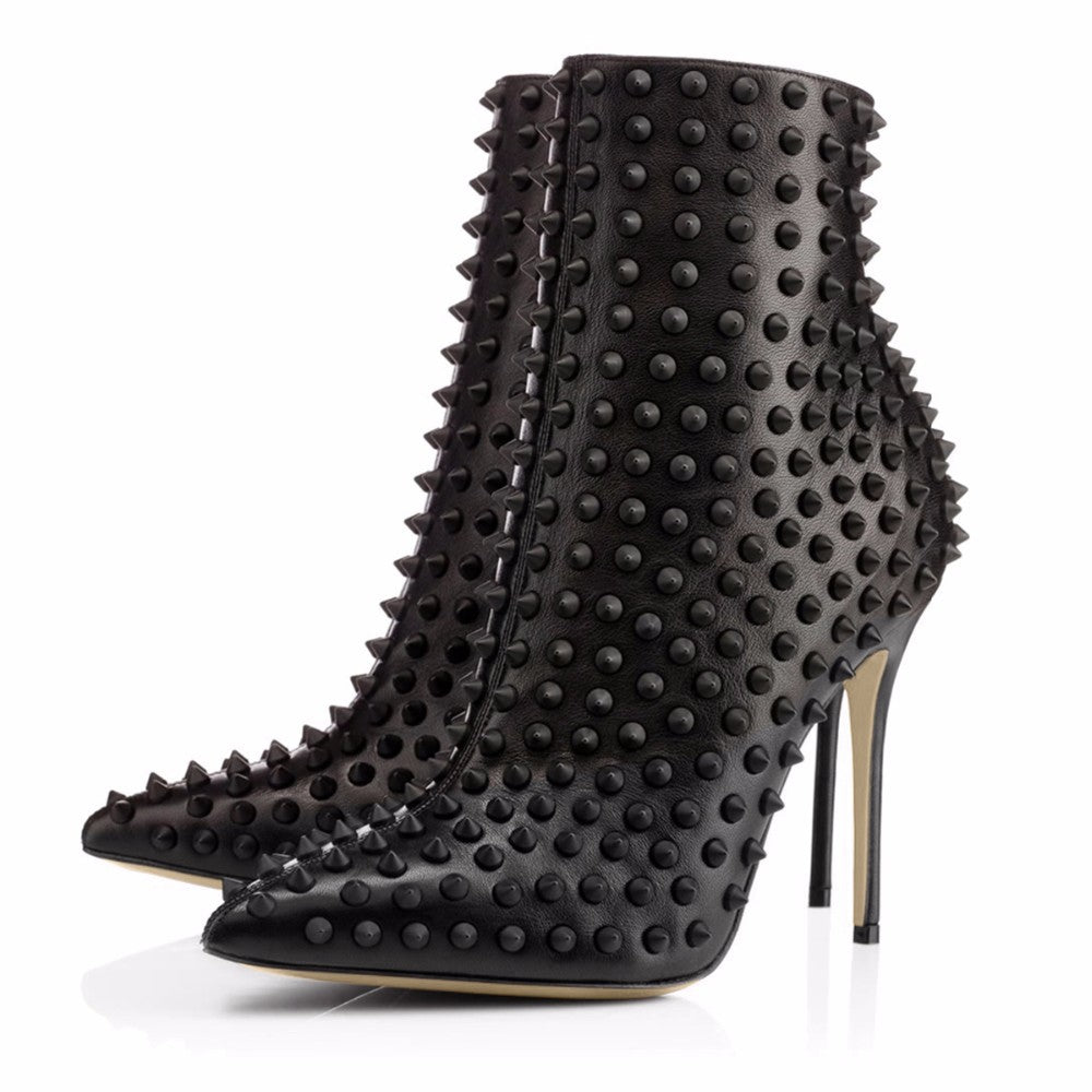 Ladies Black Full-body Rivet Pointed Toe Stiletto Ankle Boots