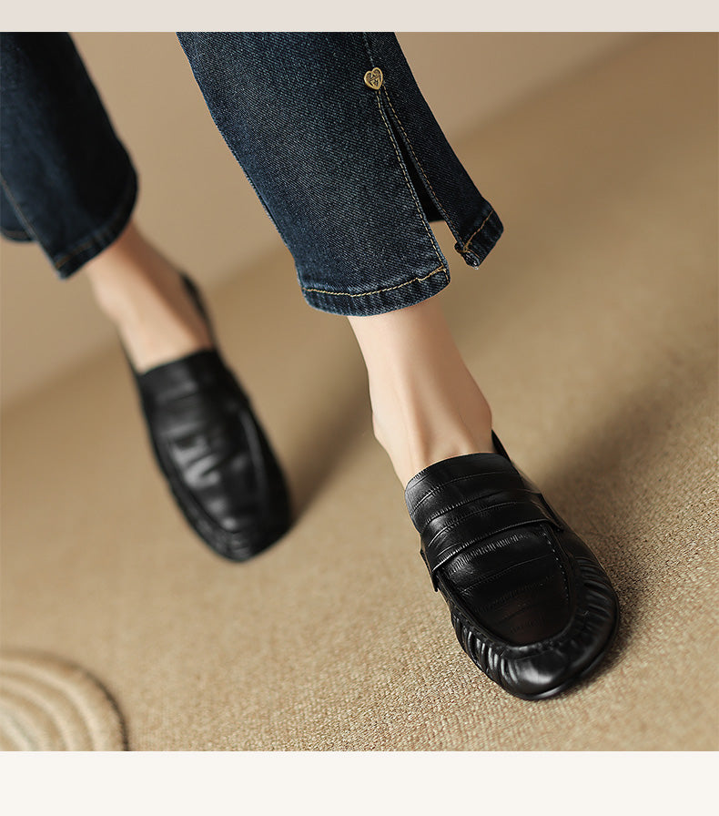 Loafers Women's Casual Pleated Leather Shoes