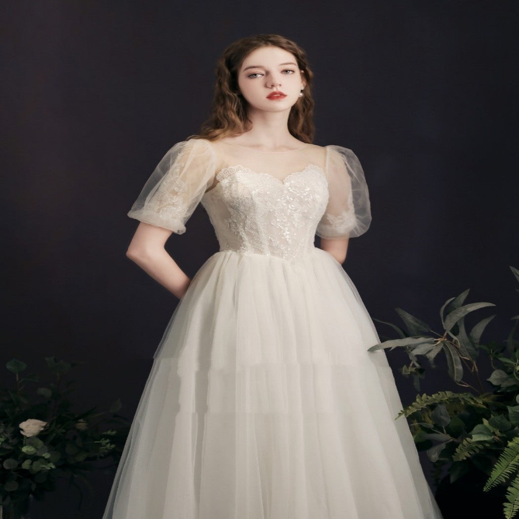 Lantern Bubble Sleeve White Yarn Skirt Mid-length Bridal Gown