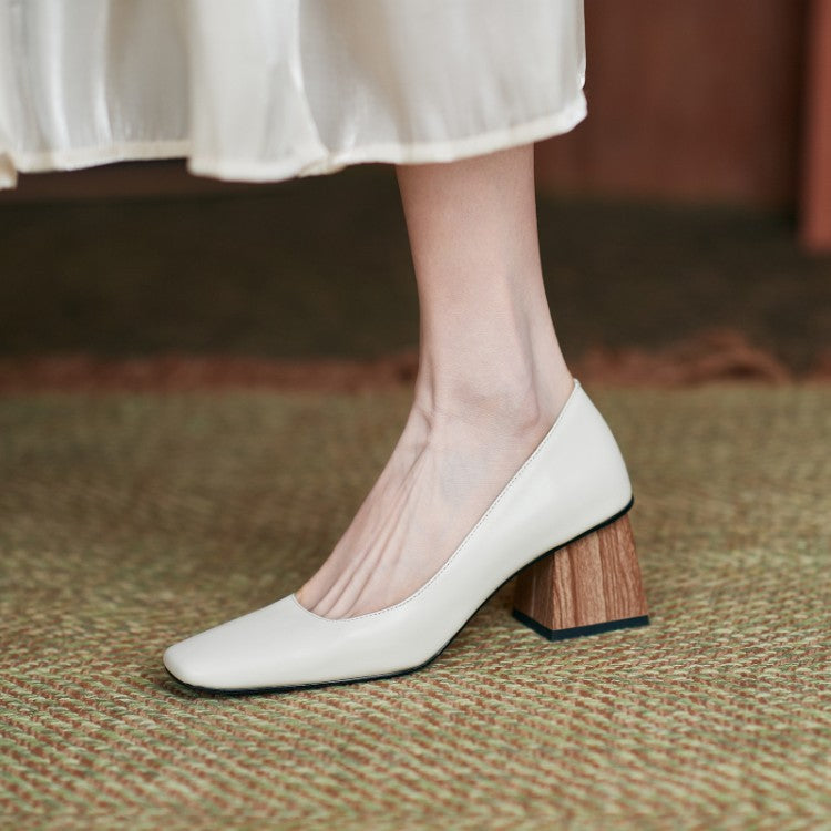 High-heeled Shoes With Square Toe In Thick Cowhide Heel