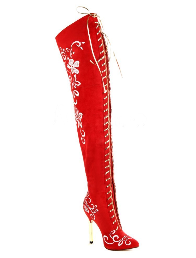 Elegant Embroidered Boots Over The Knee Stylish Zip Stiletto Heel