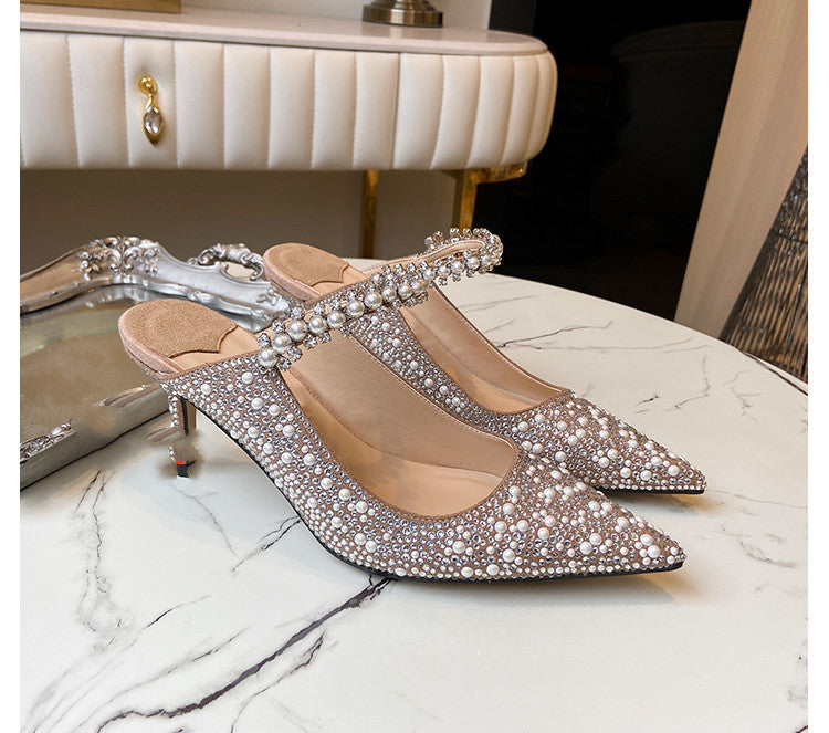 Zapatos de tacón alto planos con perlas y diamantes de imitación de boca poco profunda y puntiagudos para mujer