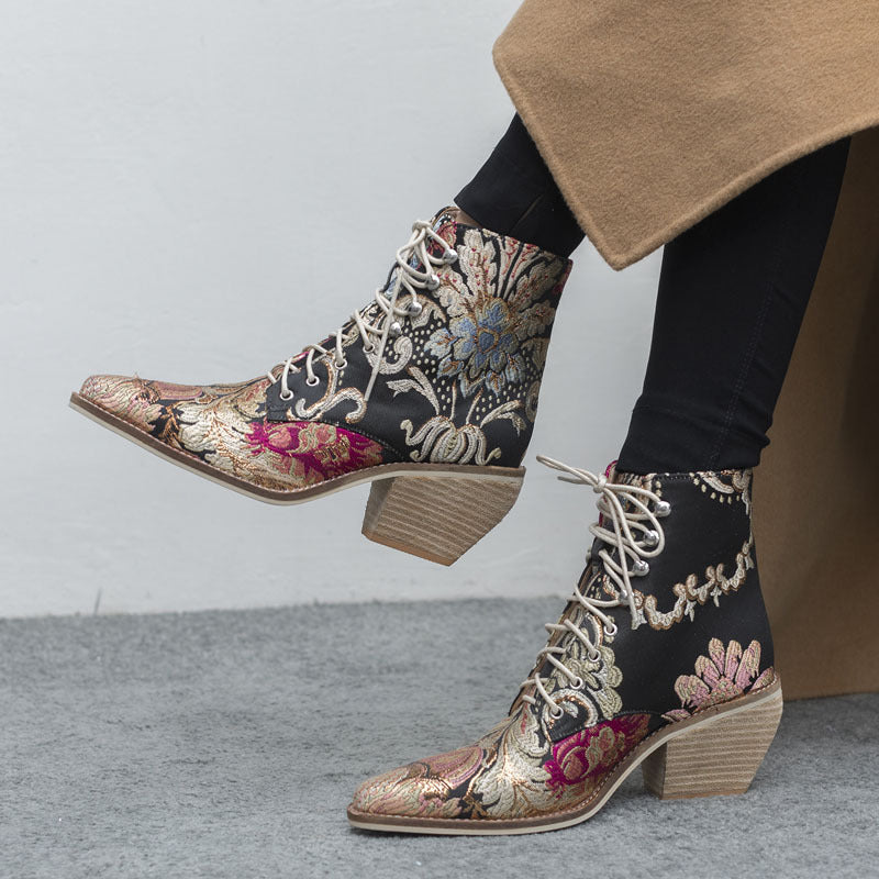 Ethnic Style Embroidered Wood-woven Thick-heeled Short Boots With Front Tie