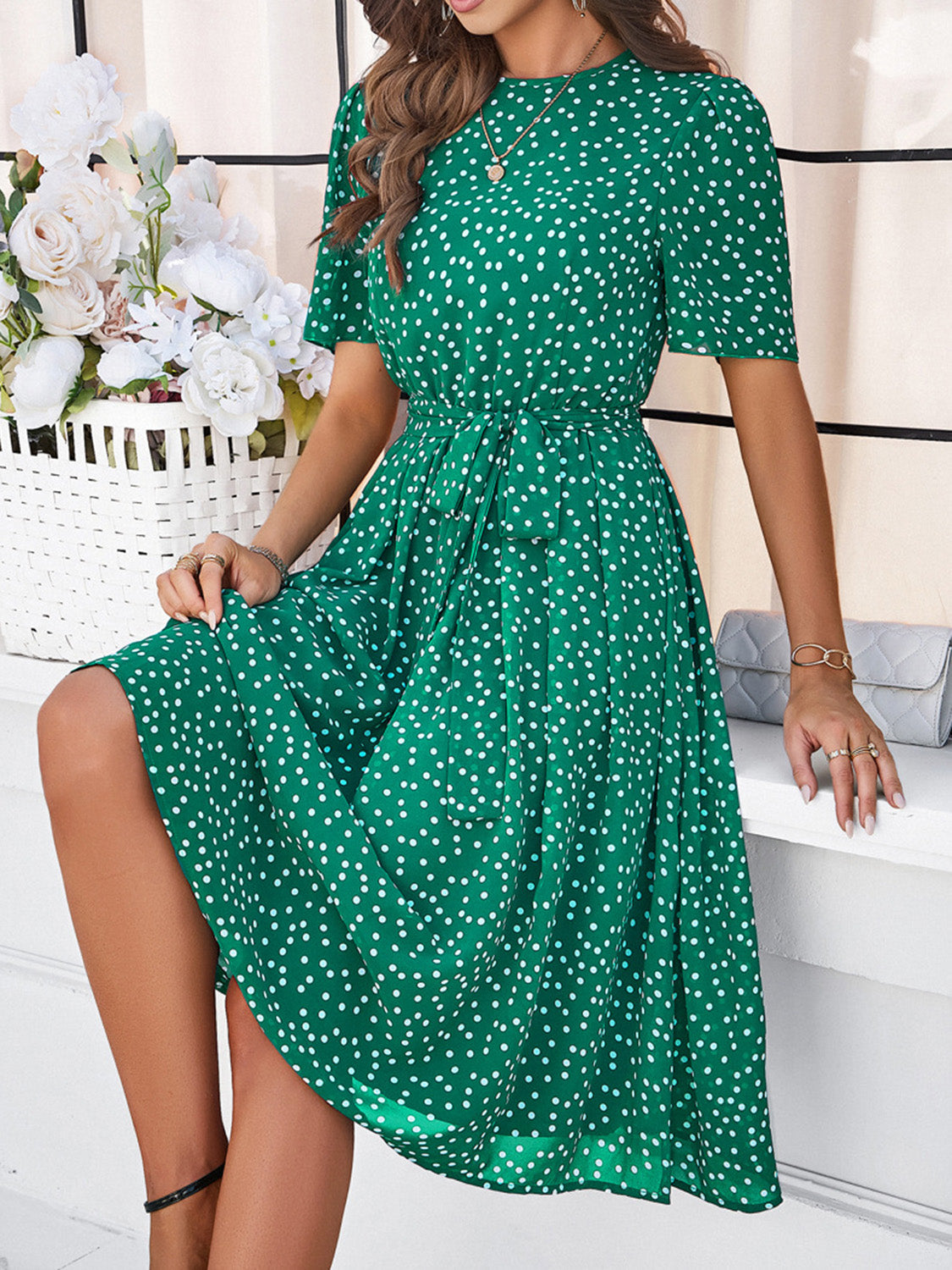 Printed Round Neck Short Sleeve Dress